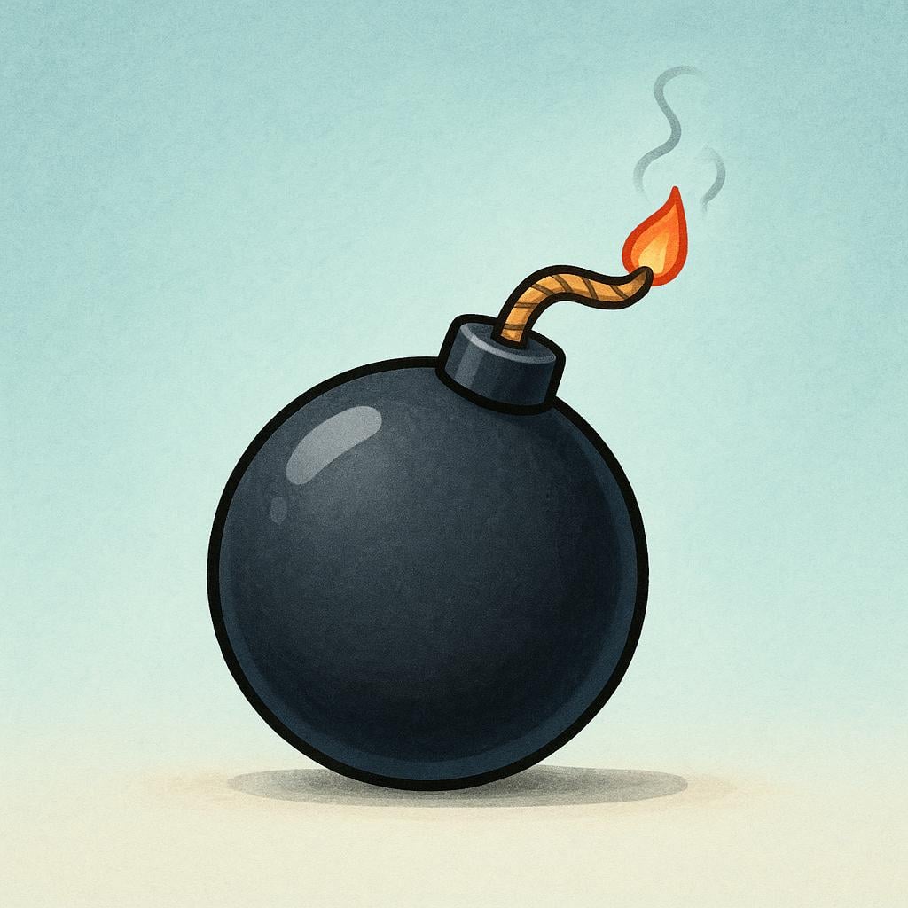 A classic round black bomb with a burning fuse, ready to explode.