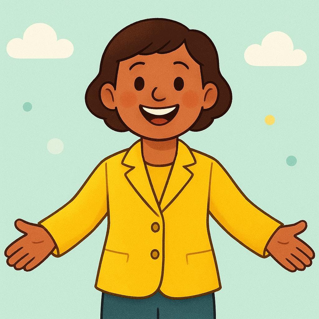 A cheerful cartoon character modeling a bright yellow jacket that fits perfectly, emphasizing how good the clothing looks on them.