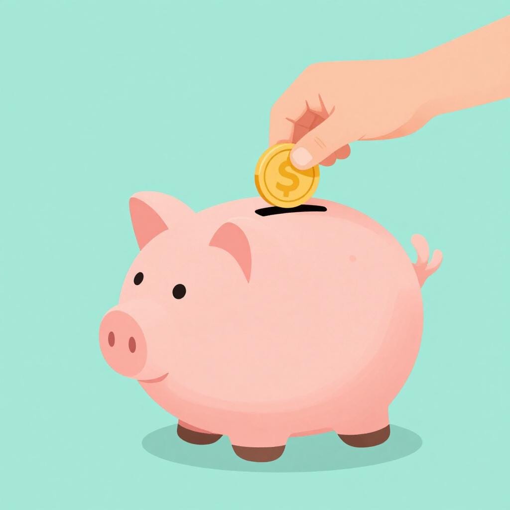 Uma criança colocando uma moeda de ouro em um cofrinho colorido.