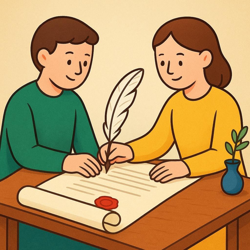 Two stylized figures, representing different entities, sitting opposite each other at a table and formally signing a large, shared scroll or document, symbolizing an agreement or treaty.