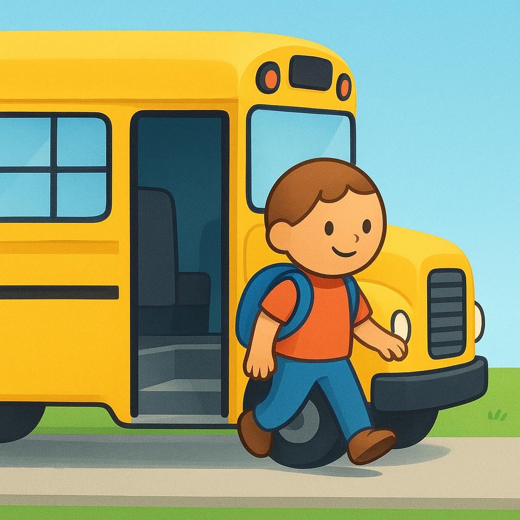 A simplified person stepping off the last step of a red and yellow bus onto the sidewalk.