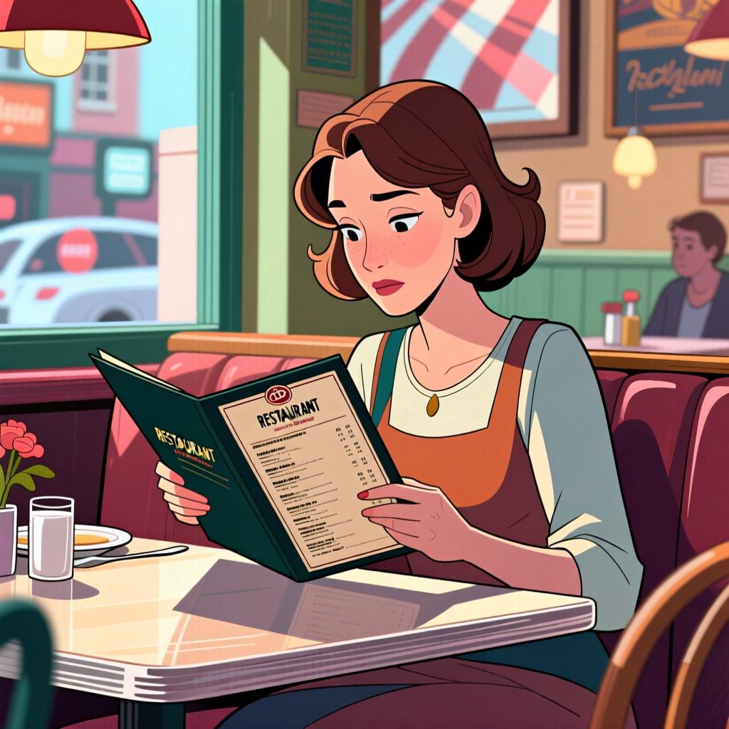 A woman looking intently at a restaurant menu.
