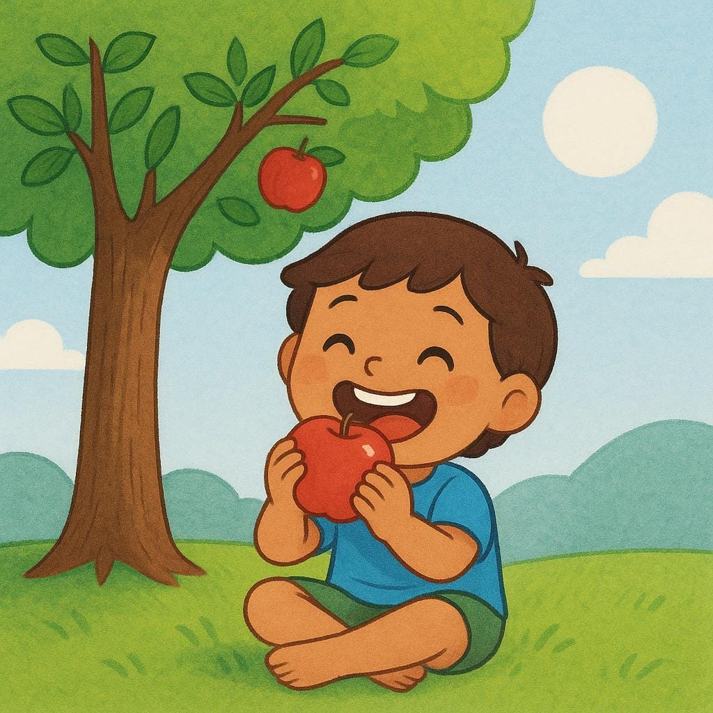 Una bambina siede felicemente sotto un albero, dando un morso a una mela rosso vivo con un ampio sorriso, illustrando il concetto di piacere.