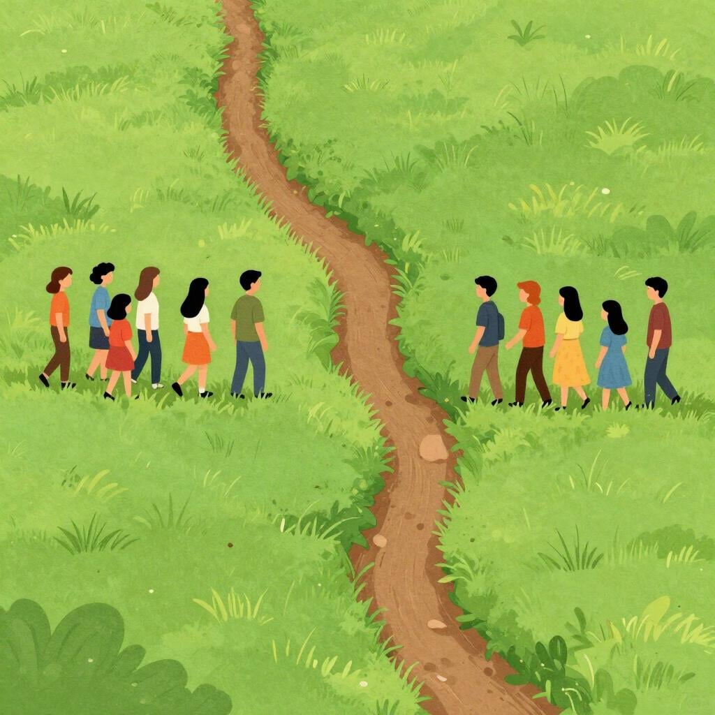 Um grande campo verde com uma profunda rachadura física correndo pelo meio, separando dois grupos de pessoas.