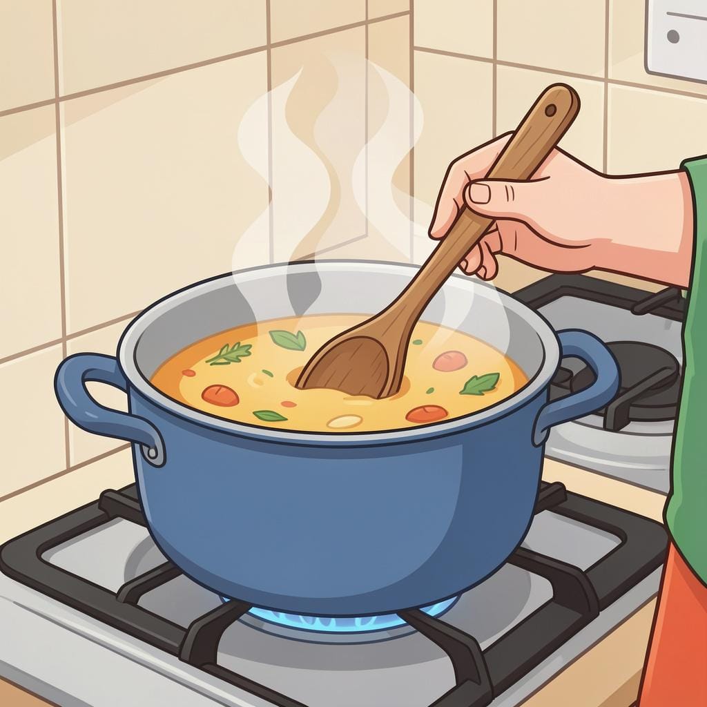 Eine Person rührt mit einem Holzlöffel in einem großen Topf Suppe um.