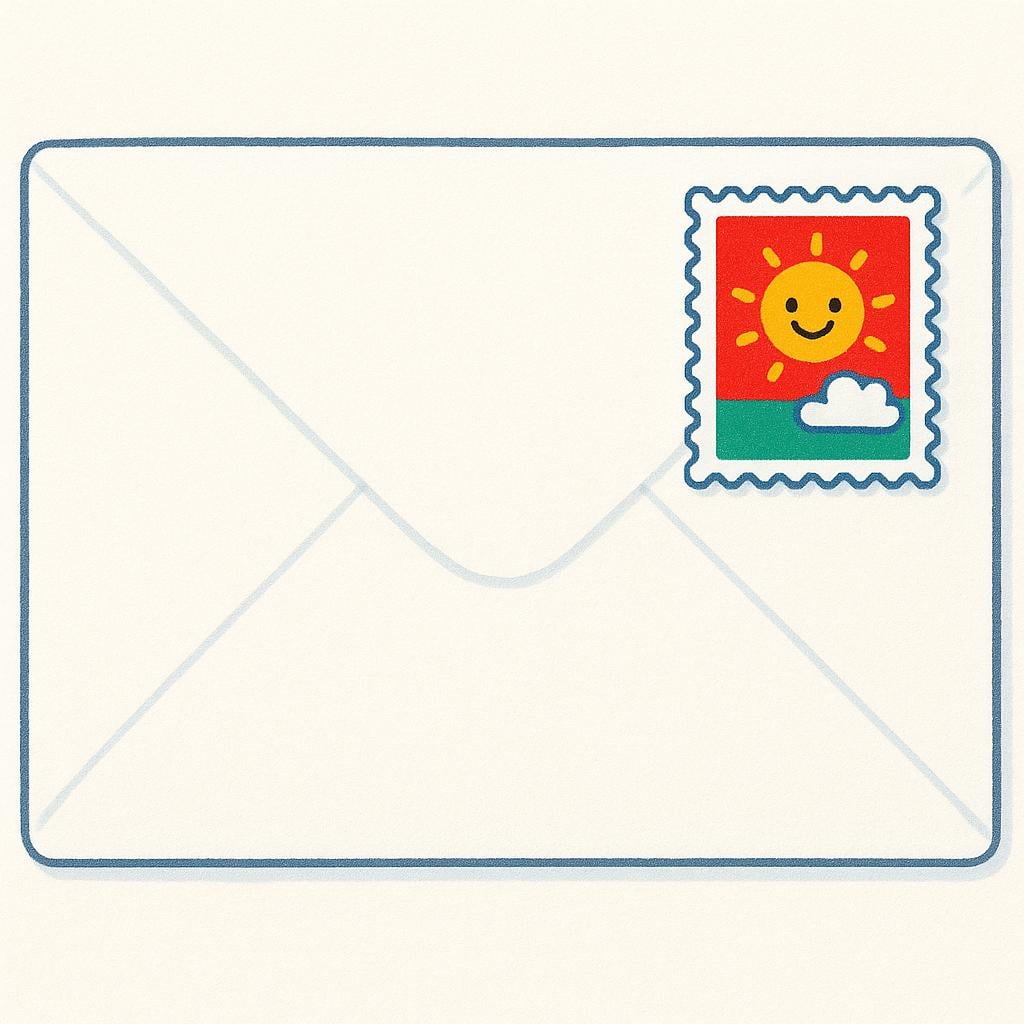 A close-up of a colorful, square postage stamp firmly stuck onto a plain white envelope, illustrating physical adhesion.