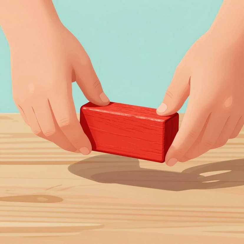 A child's hands lifting a wooden toy block off a wooden floor.