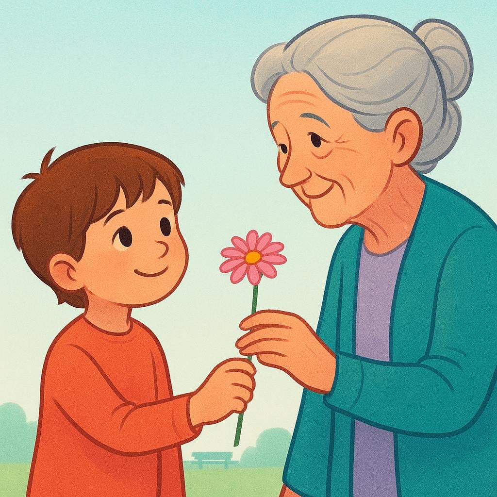 A storybook illustration showing a young child respectfully offering a single red flower to an elderly woman, symbolizing admiration and high regard.
