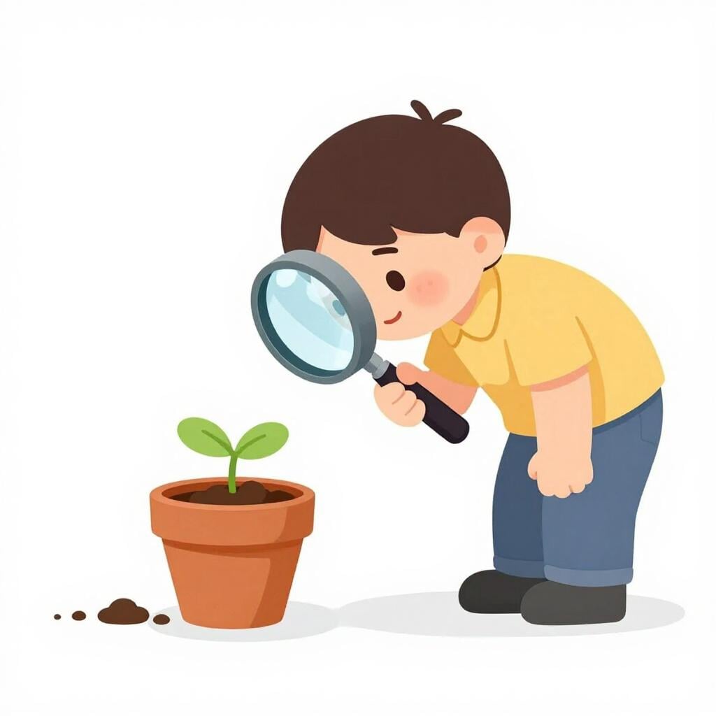 A person looking through a magnifying glass at a single tiny seedling in a pot.