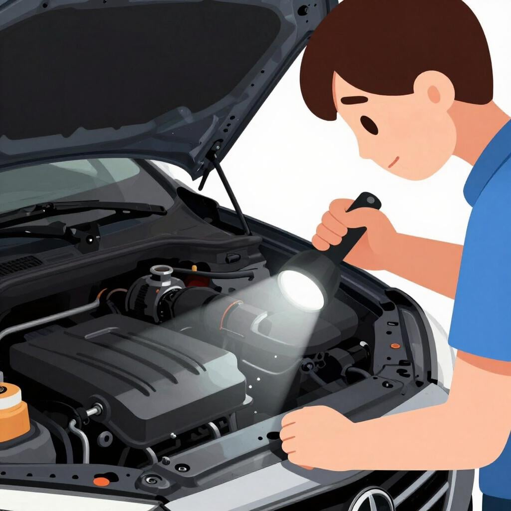 A person looking under the hood of a car with a flashlight.