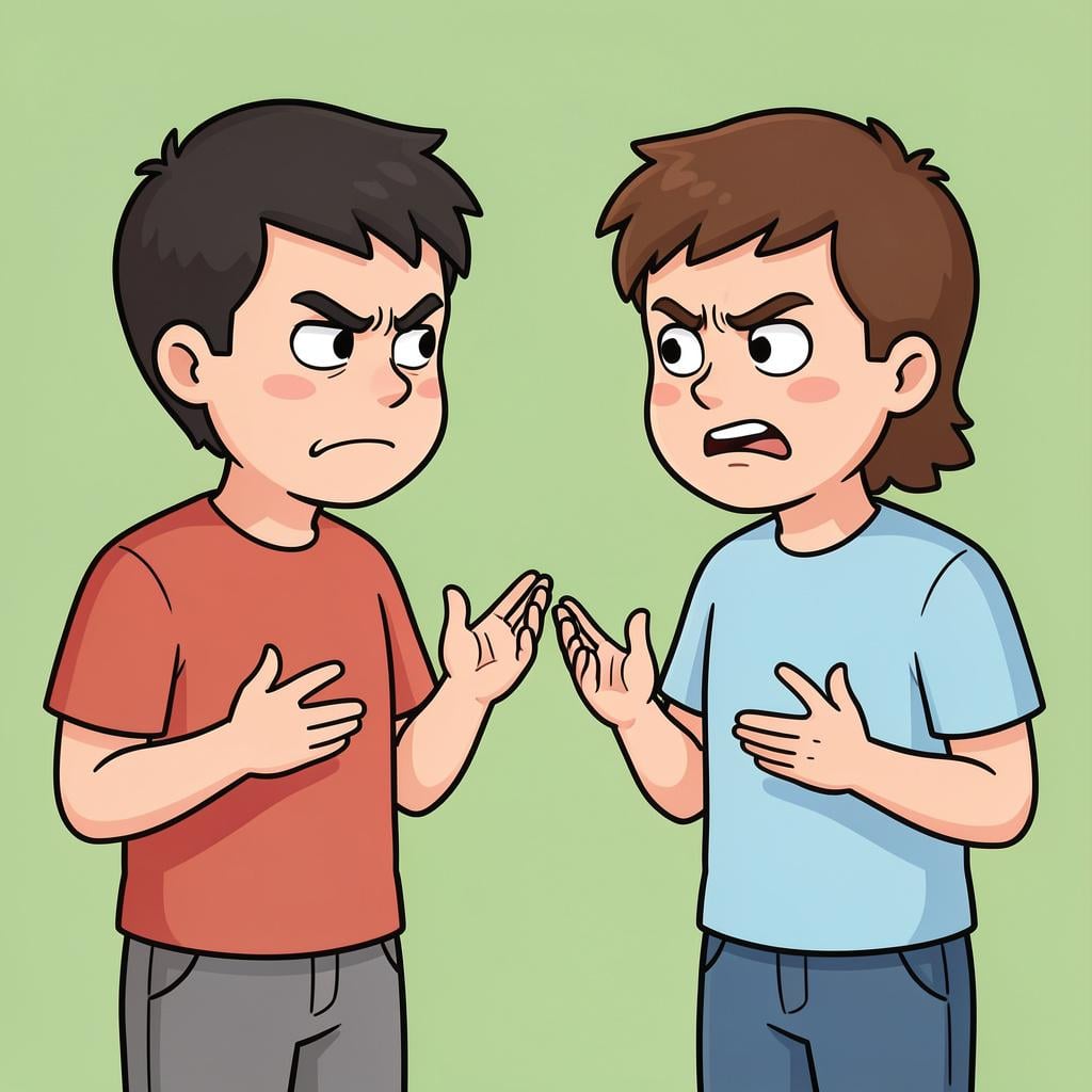 Two people standing and facing each other with frustrated expressions and energetic hand gestures, showing a disagreement.