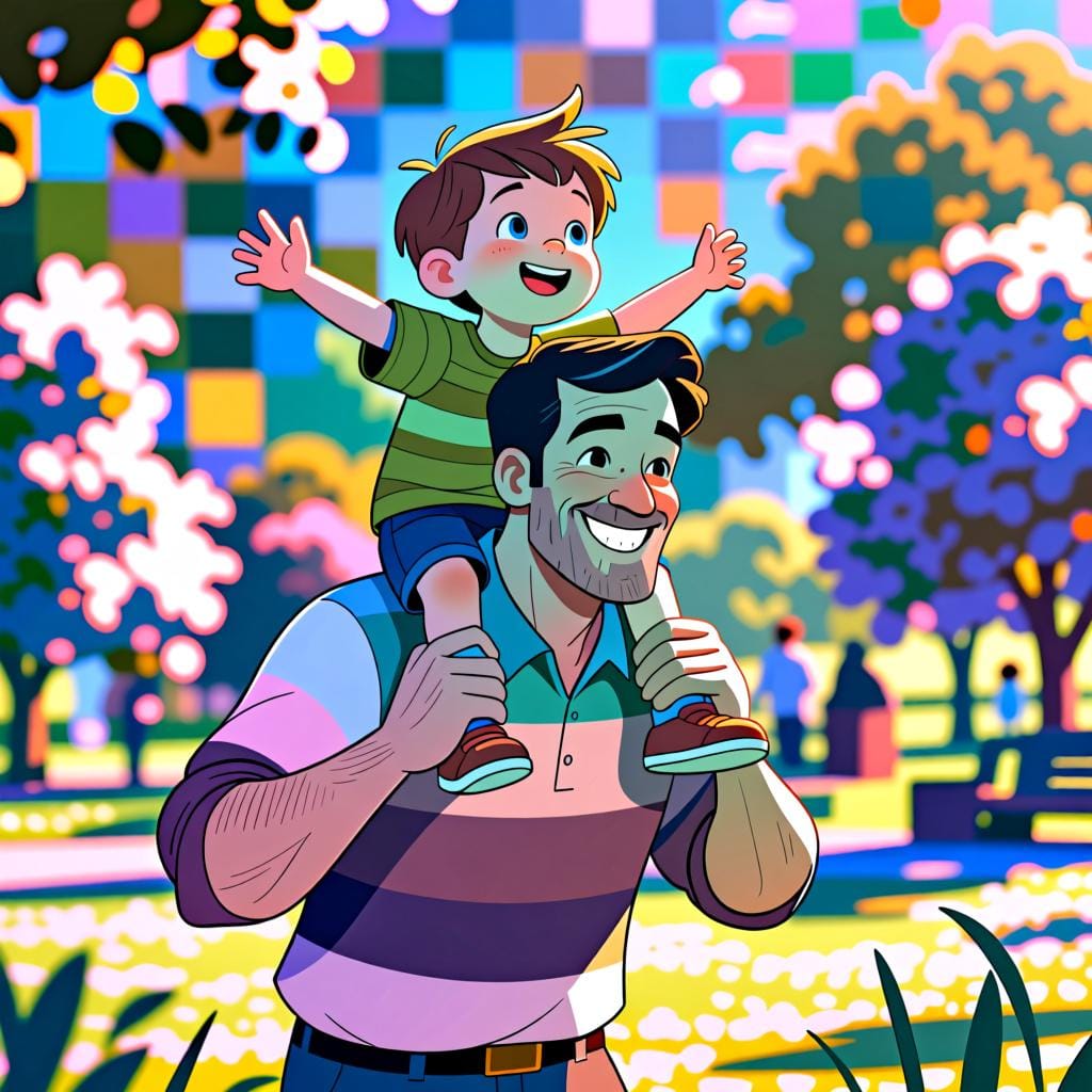 A smiling father with his young son on his shoulders.