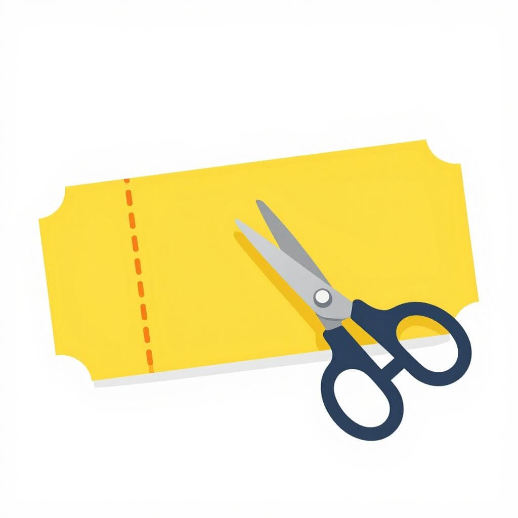 Een kleurrijk rechthoekig papieren kaartje met een stippellijn en een schaar die erlangs knipt.