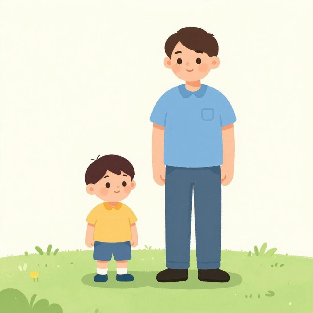 A child standing next to an adult to show the difference in their height.