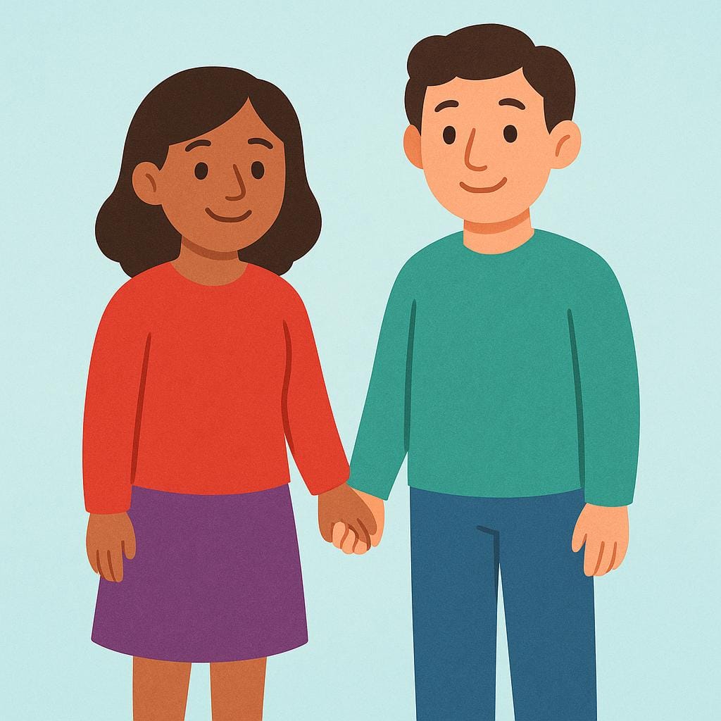 A smiling adult woman and an adult man standing side-by-side, holding hands, representing parents.