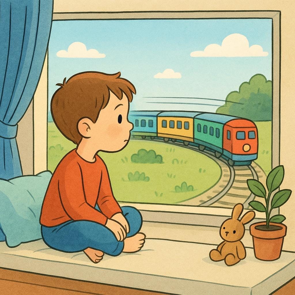大きな窓のそばに座っている幼い子供が、外をゆっくりと通り過ぎる長くてカラフルな列車を熱心に見つめている。この光景は、動作の継続的な性質を示している。