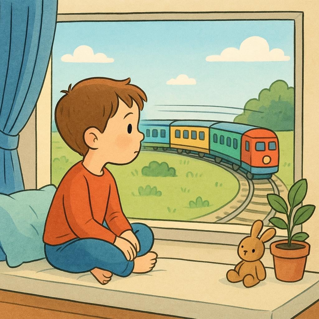 A young child sitting by a large window, intently watching a long, colorful train slowly passing by outside. The scene illustrates the continuous nature of the action.