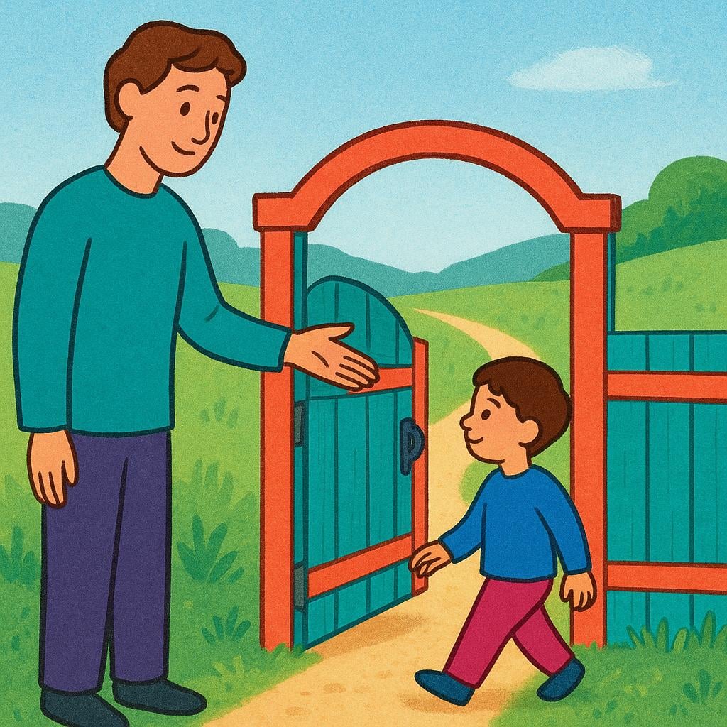 A tall figure standing next to an open gate, gesturing with an open hand for a smaller figure to enter the garden path, symbolizing permission.
