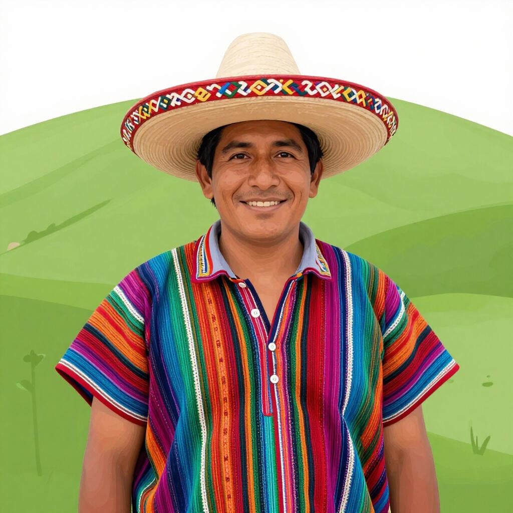 Un uomo che indossa un cappello tradizionale guatemalteco e una camicia tessuta colorata.