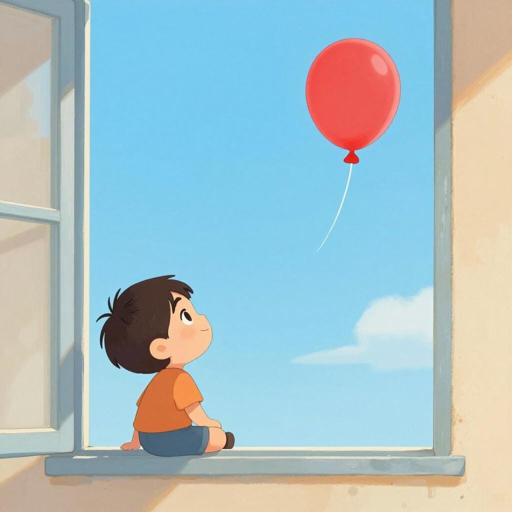 A child looking out a window at a distant, colorful balloon in the sky.