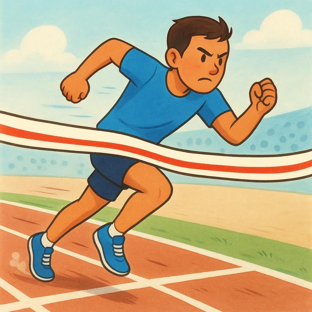 A determined runner wearing a blue shirt sprinting towards a distant finish line ribbon on a track.