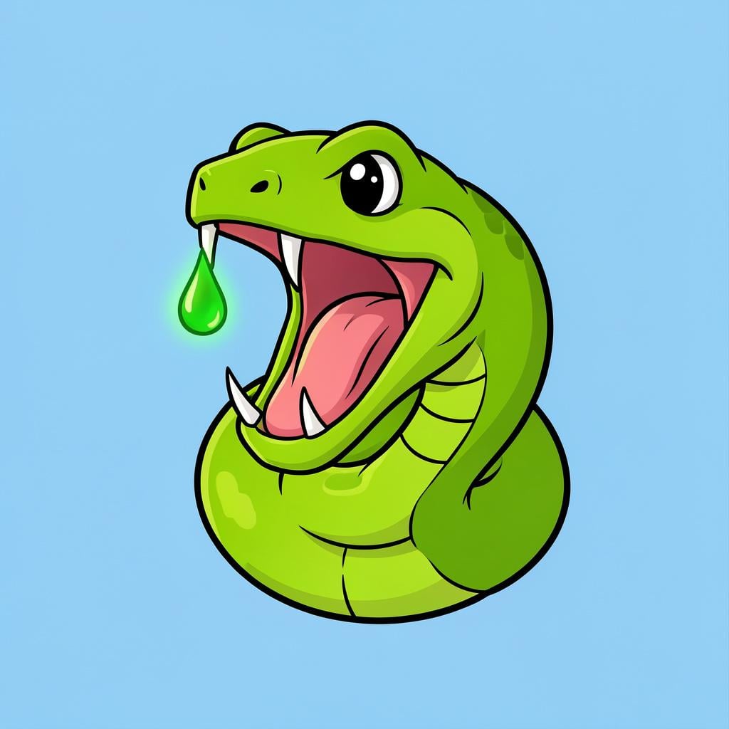 A vibrant green snake with bared fangs next to a drop of bright venom.
