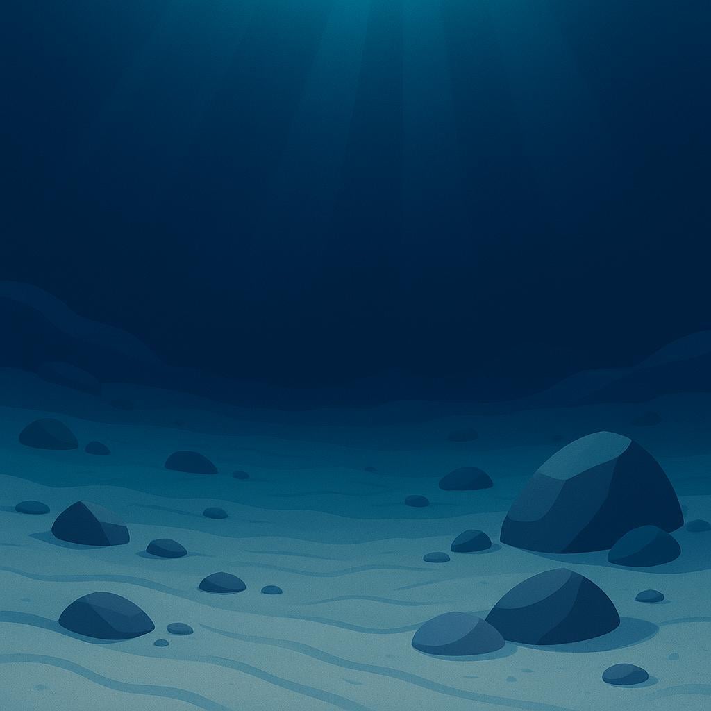 A dark, deep-sea scene showing the ocean floor with sand and small rocks, emphasizing the vast depth of the water above.
