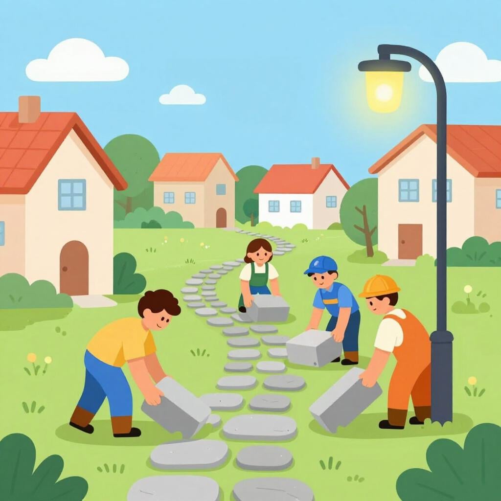 A row of colorful houses with a new paved road and streetlights being installed to show the establishment of a town system.