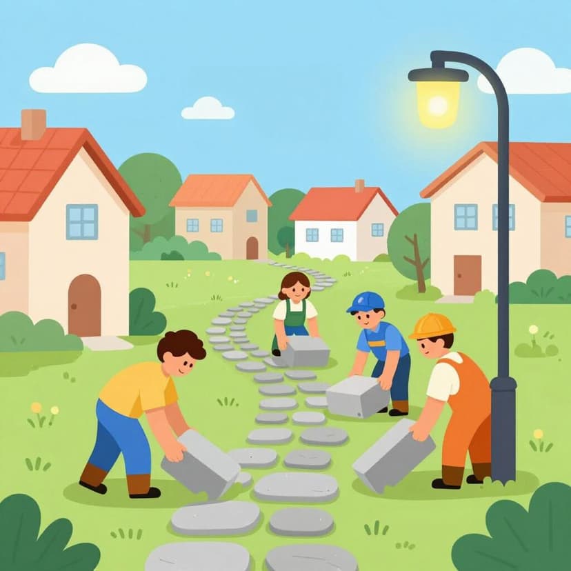 A row of colorful houses with a new paved road and streetlights being installed to show the establishment of a town system.