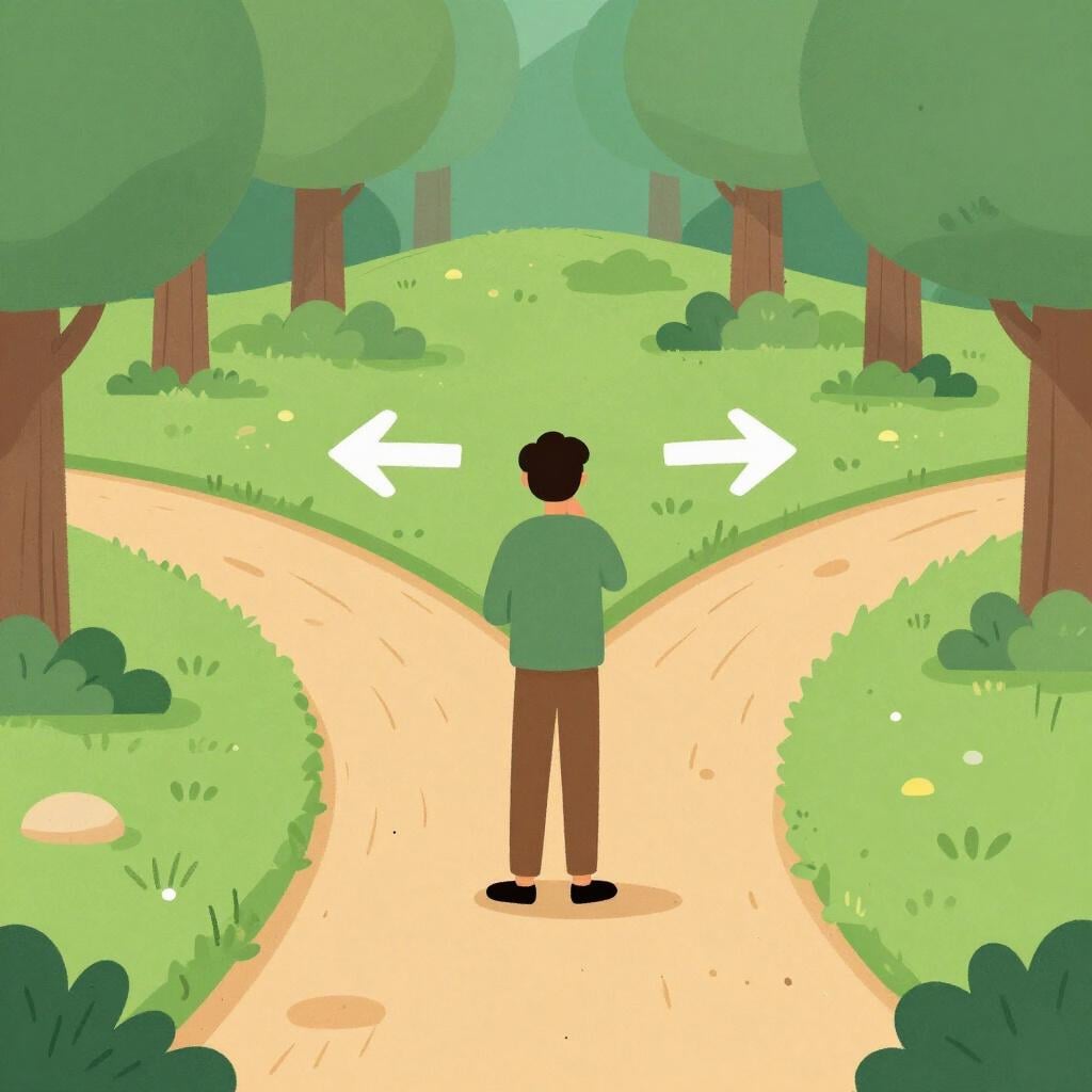 A person standing at a fork in a forest path, looking at two different directions with a thoughtful expression.