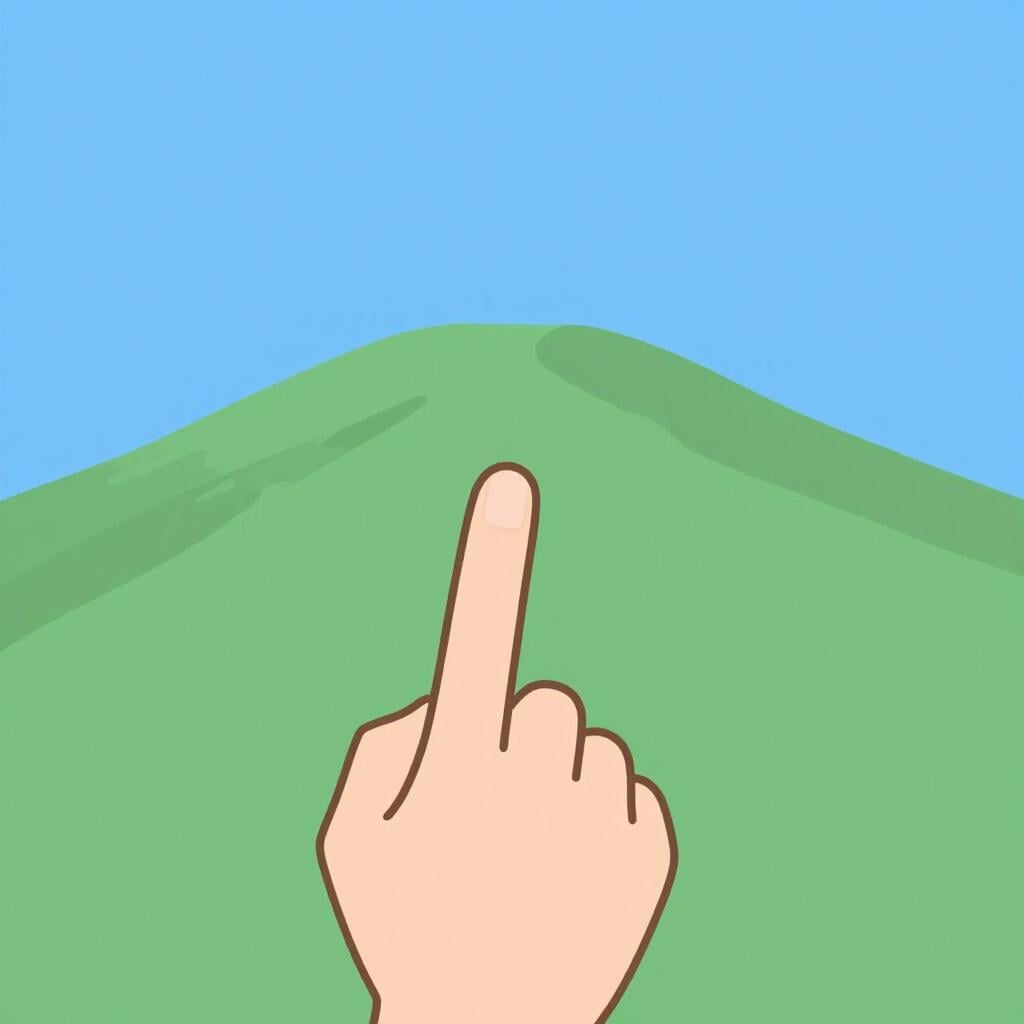 A hand with one finger extended pointing towards a mountain.
