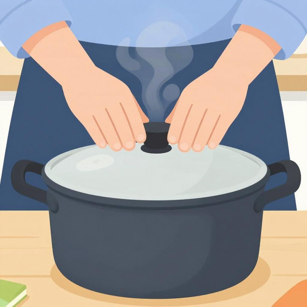 A person holding a large lid down tightly on a boiling pot to keep the steam inside.