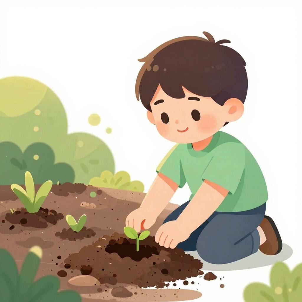 A small child planting a tiny seed in the soil with a look of hope and confidence.
