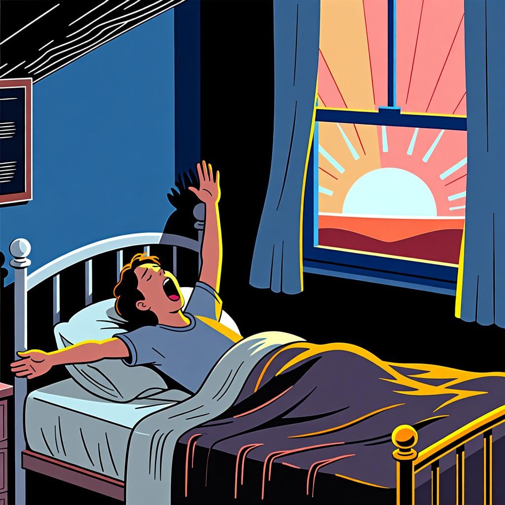 Uma pessoa acordando no exato momento em que o sol nasce, mostrando como 'cuando' conecta dois eventos que ocorrem ao mesmo tempo.