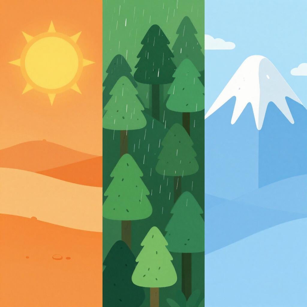 Uma paisagem dividida em três secções mostrando um deserto ensolarado, uma floresta chuvosa e um pico de montanha nevado.