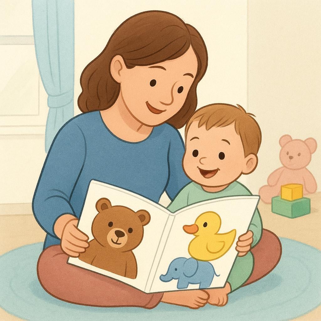 A colorful storybook illustration showing an adult woman, acting as a babysitter, sitting comfortably on the floor and reading a large picture book to a happy toddler.