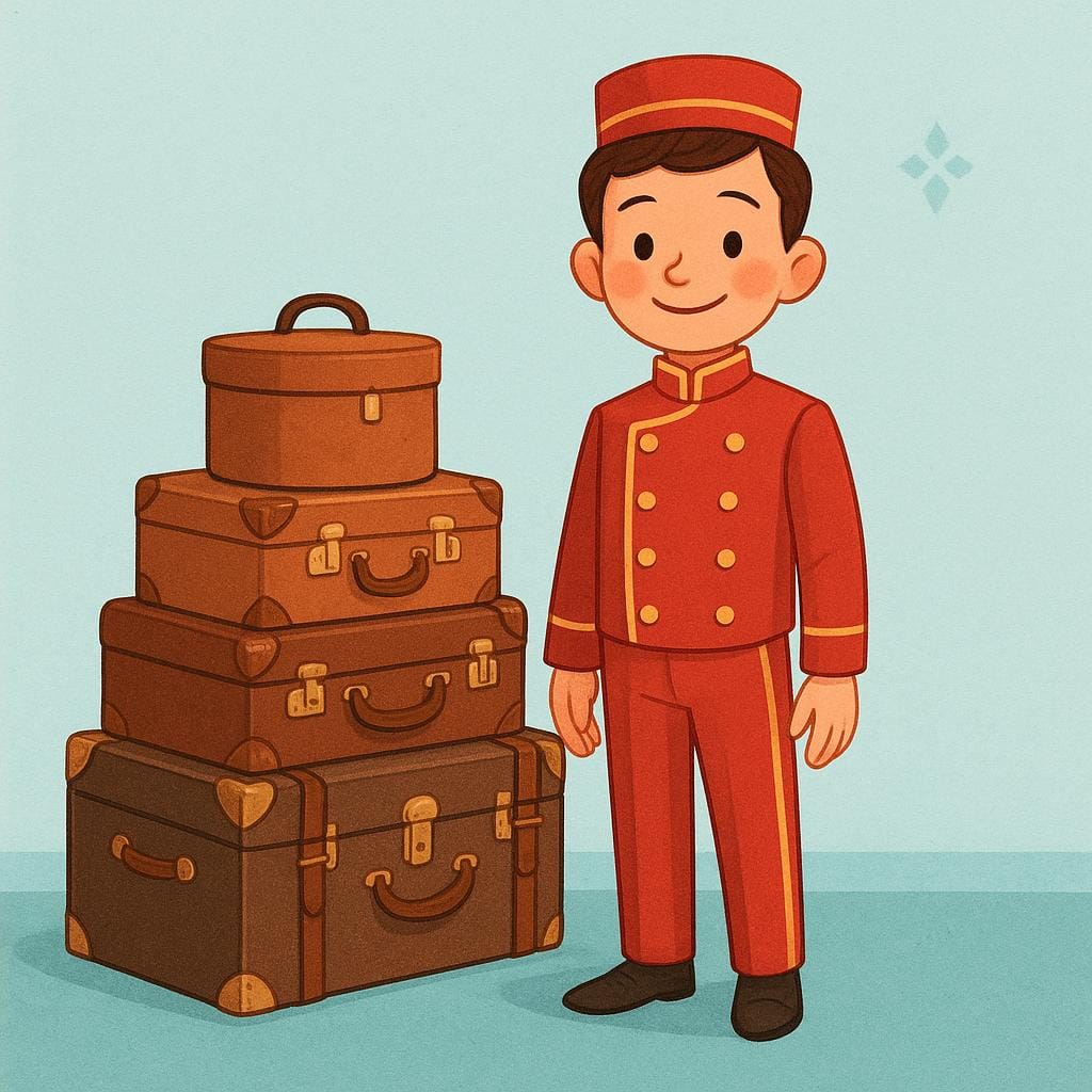 A young bellboy wearing a smart uniform with a small cap, smiling while carrying two stacked suitcases.