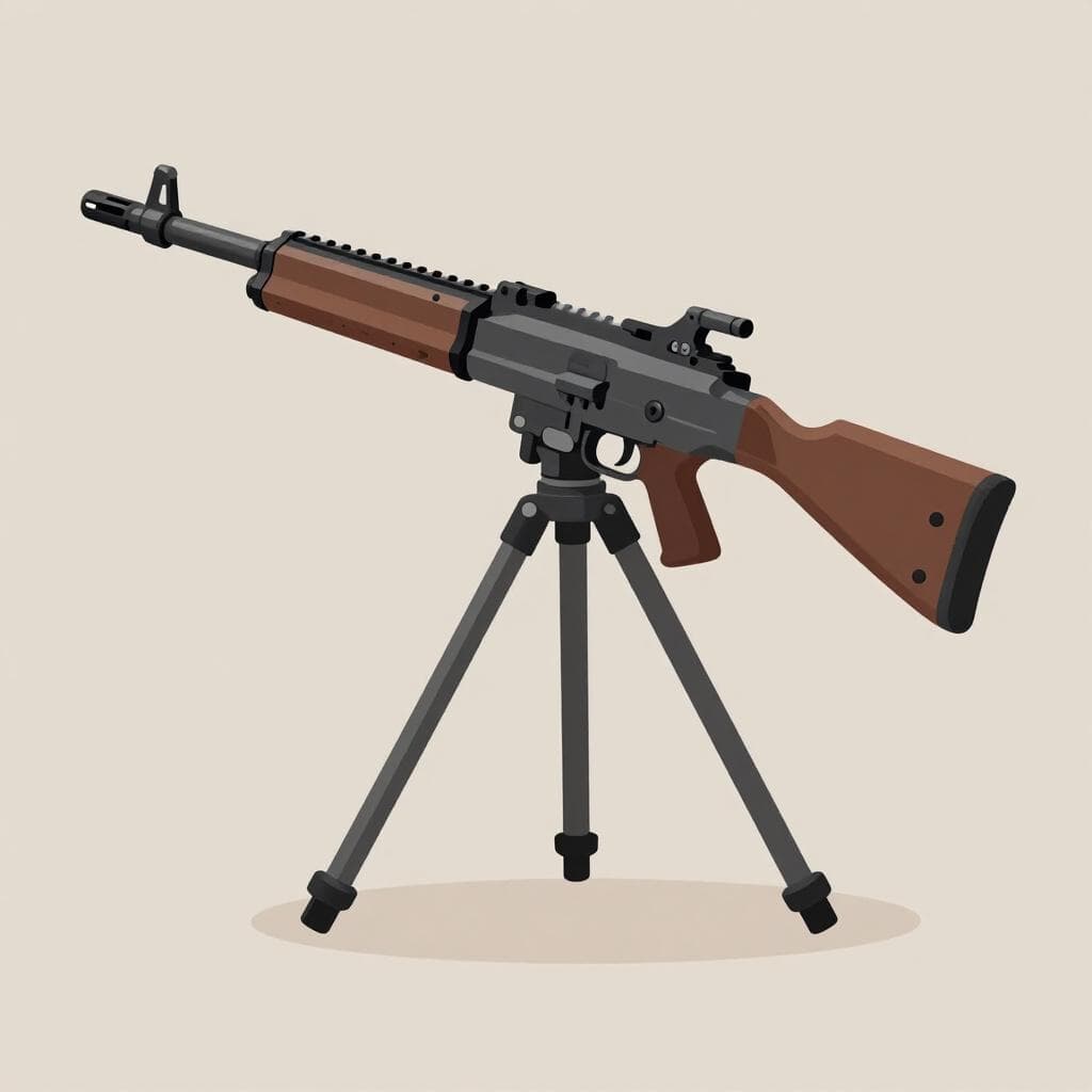 Une illustration simple d'une mitrailleuse militaire lourde montée sur un trépied.