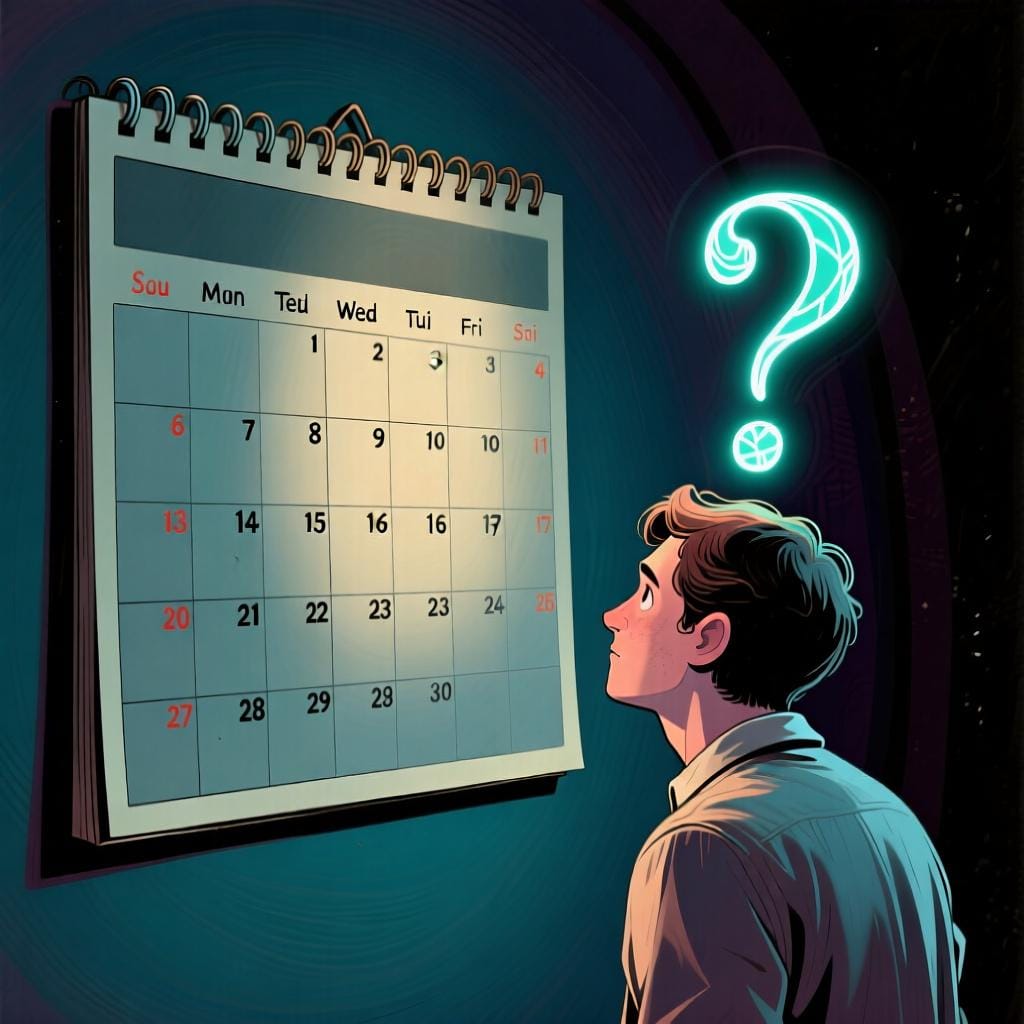 Eine Person, die auf einen leeren Kalender mit einem großen Fragezeichen blickt, was die Verwendung von 'cuándo' zur Frage nach 'wann?' darstellt.