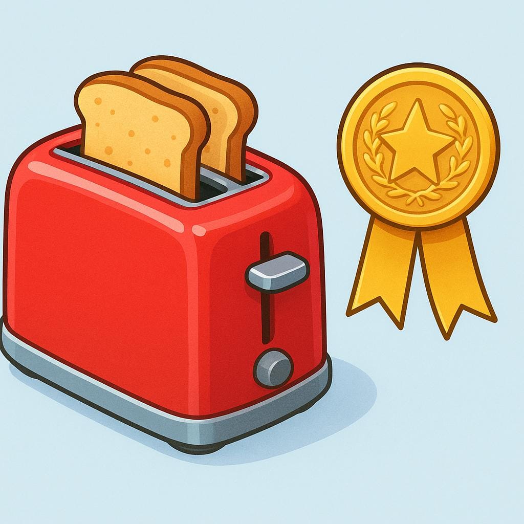 Ein neuer, glänzender roter Toaster auf einer Küchenzeile neben einem dekorativen goldenen Siegel, das eine Produktgarantie symbolisiert.