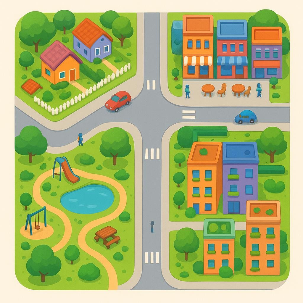 An aerial view showing a clear grid pattern of four square city blocks separated by intersecting streets.