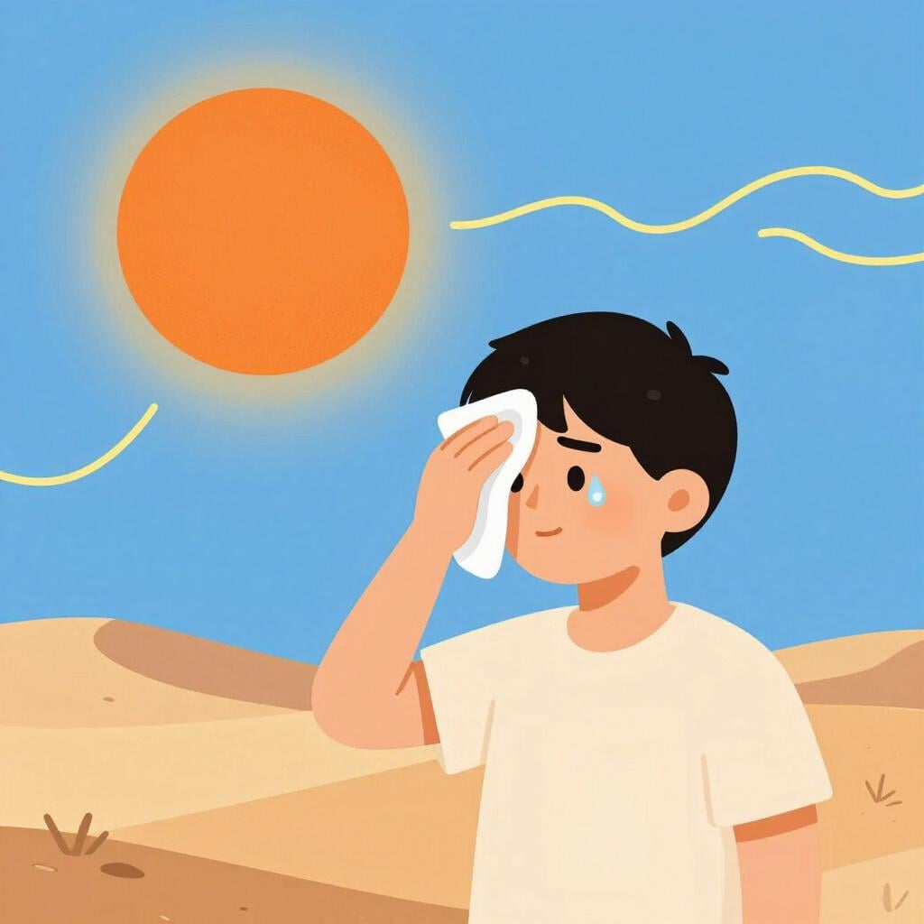 Uma pessoa suando muito sob um sol brilhante e intenso em uma paisagem desértica.