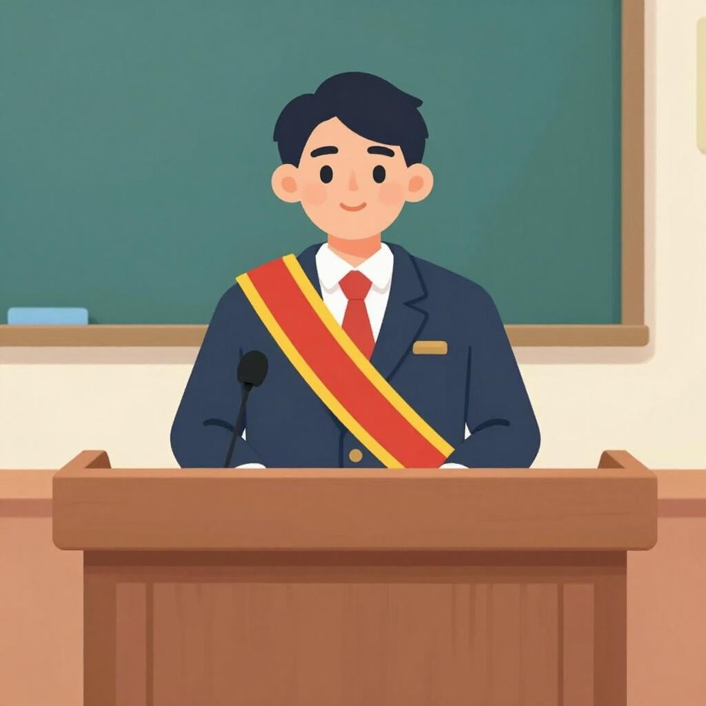 A person wearing a ceremonial sash standing at a podium in a formal room.