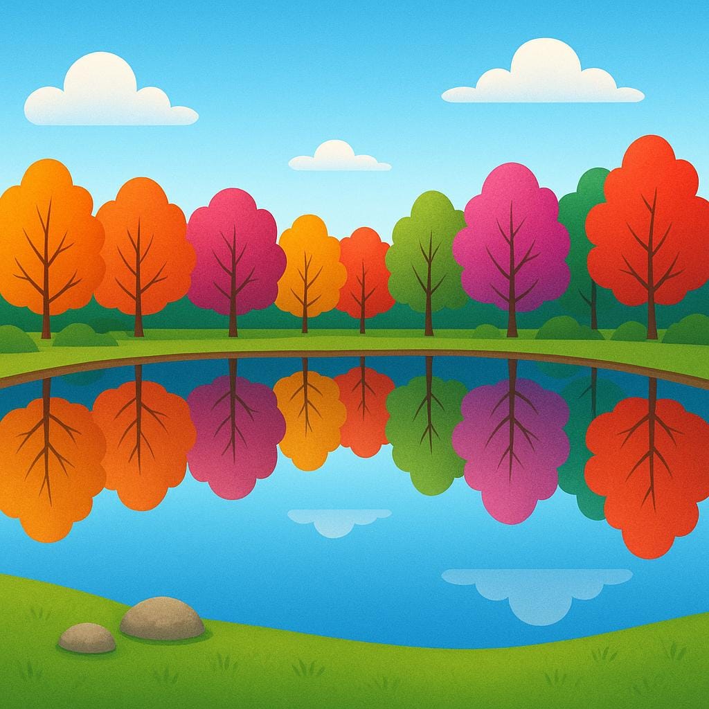 Uno stagno perfettamente immobile e vetroso che riflette gli alberi colorati dell'autunno e il cielo blu sopra. L'acqua non mostra increspature o movimento.