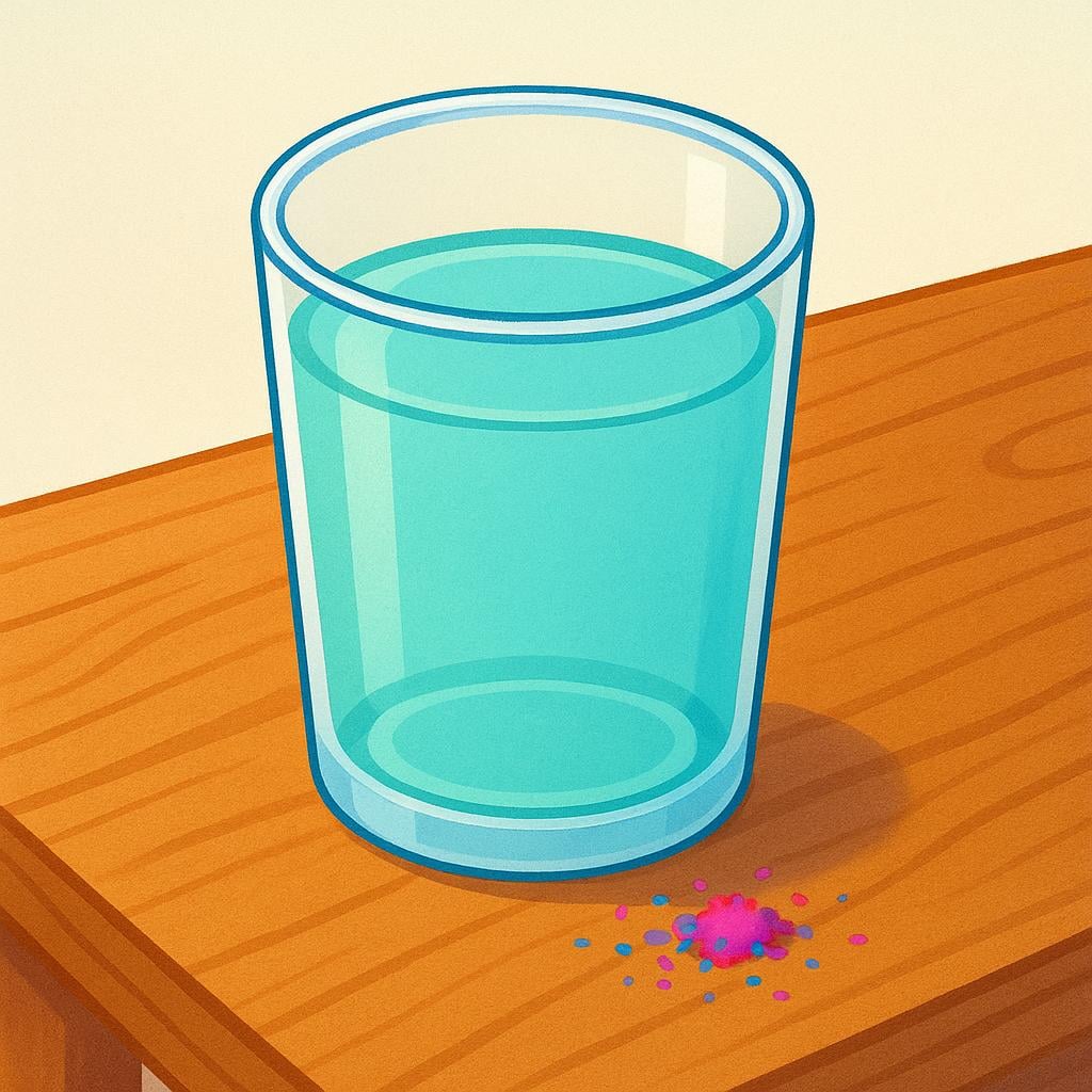 A simple drawing of a clear glass containing liquid sitting on a table. A small pile of stylized, colorful powder residue is visible next to the glass, indicating the contents have been tampered with or drugged.