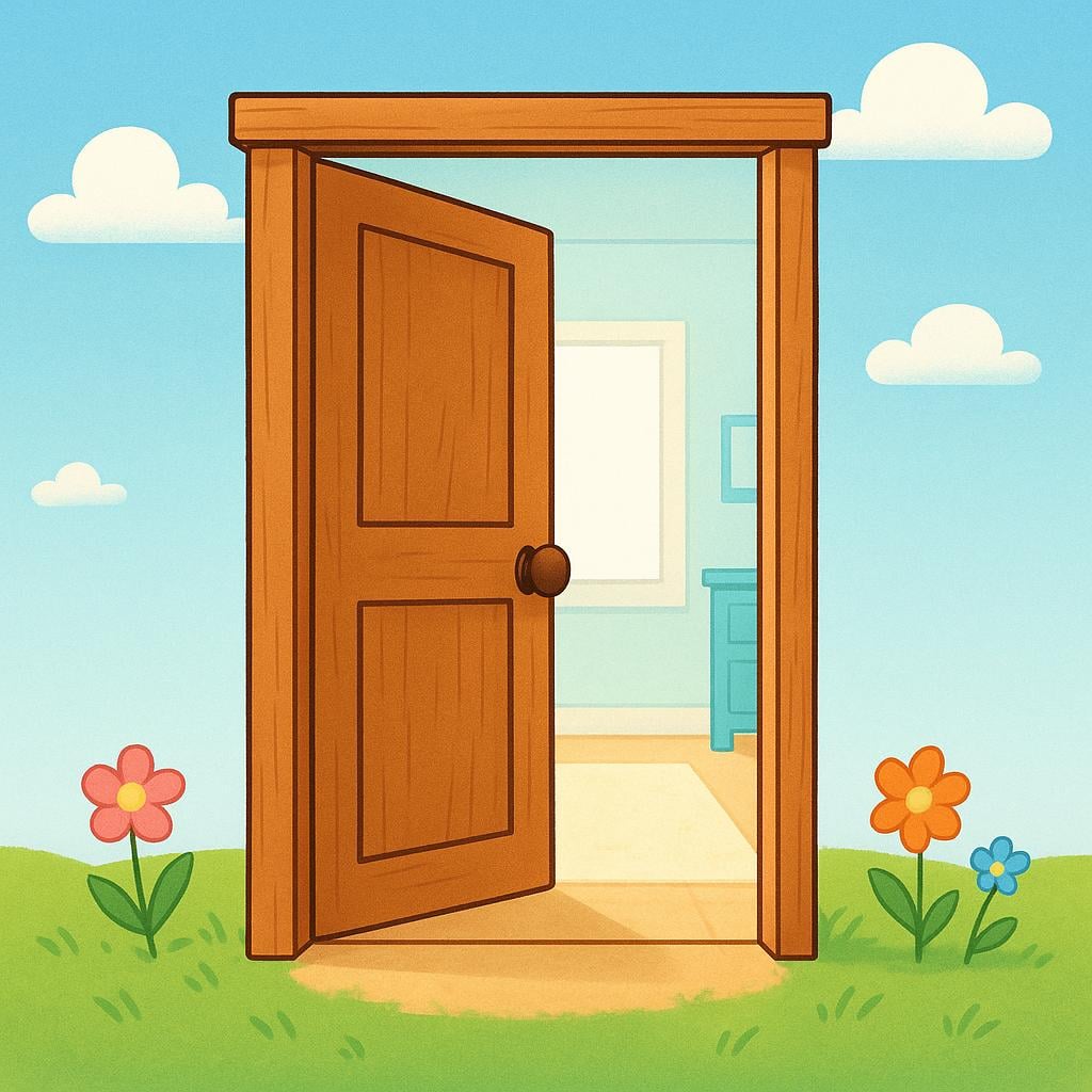 A wooden door is wide open, revealing a brightly lit room inside.