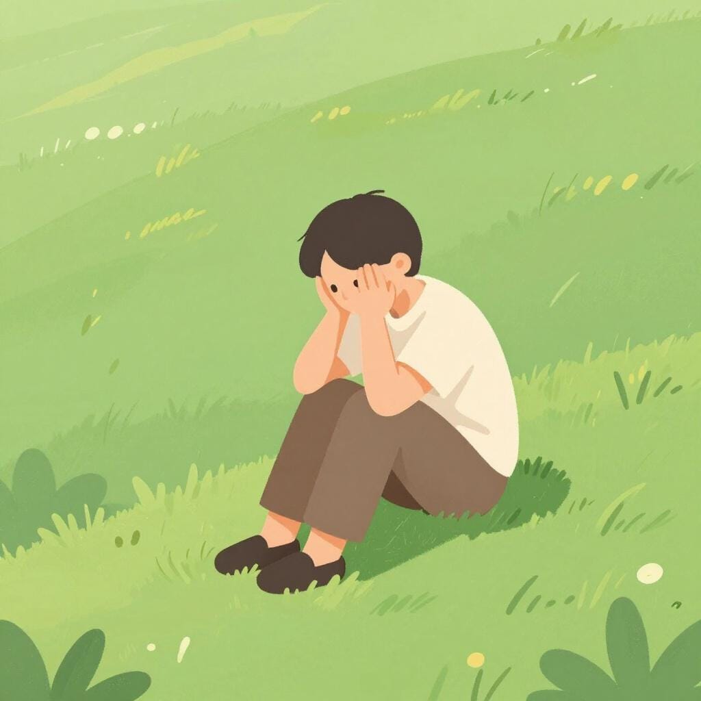 A person sitting alone on a small hill with their head in their hands, looking very sad and overwhelmed.