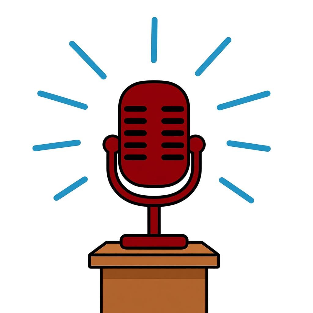 A stylized illustration of a classic broadcast microphone standing on a podium, with simple blue sound waves radiating outwards.