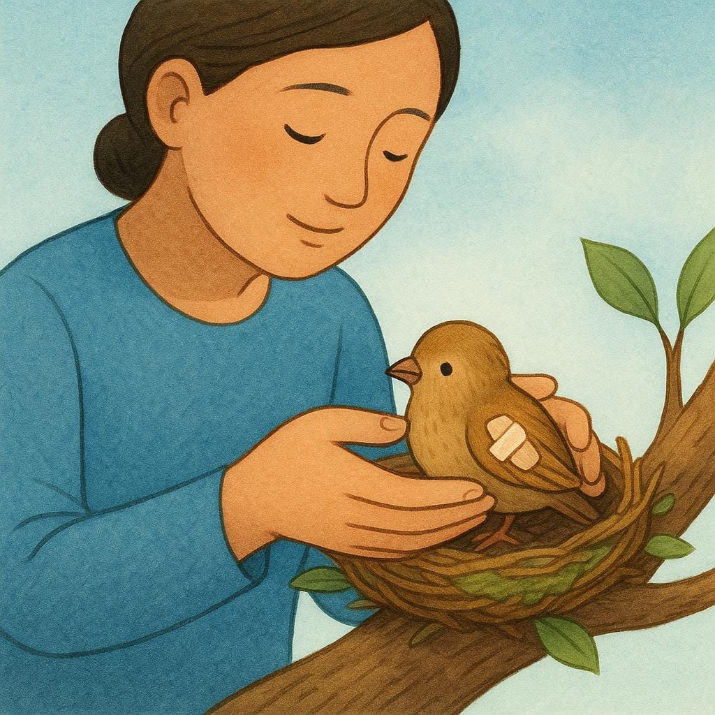 A high quality storybook illustration showing a calm, dignified person carefully placing a tiny bird back into a nest on a tree branch, symbolizing a noble act of kindness.