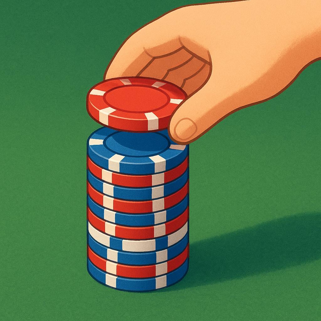 A hand placing a tall stack of red, blue, and white gambling chips onto a green felt surface.